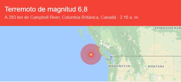 3 sismos entre 6,5 y 6,8 grados de magnitud golpean la isla de Vancouver